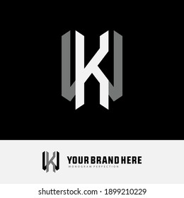 Initial letter K, W, KW or WK overlapping, interlock, monogram logo, white and gray color on black background