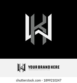 Initial letter K, W, KW or WK overlapping, interlock, monogram logo, white and gray color on black background