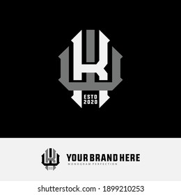 Initial letter K, W, KW or WK overlapping, interlock, monogram logo, white and gray color on black background