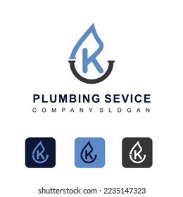 Initial Letter K with Water Shape Icon for Plumbing Service Business Logo Design Template