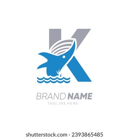 Initial Letter K Whale Jumping in the Water Logo Design Vector Icon Graphic Emblem Illustration