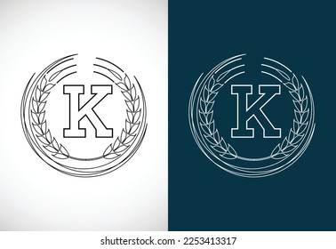 Initial letter K with wheat wreath. Organic wheat farming logo design concept. Agriculture logo.