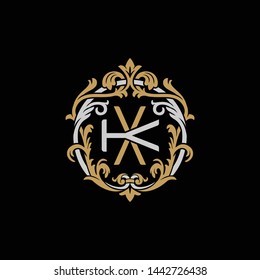 Initial letter K and X, KX, XK, decorative ornament emblem badge, overlapping monogram logo, elegant luxury silver gold color on black background