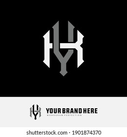 Initial letter K, Y, KY or YK overlapping, interlock, monogram logo, white and gray color on black background