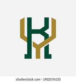 Initial letter K, Y, KY or YK overlapping, interlock, monogram logo, green and gold color on white background
