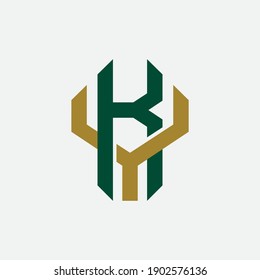 Initial letter K, Y, KY or YK overlapping, interlock, monogram logo, green and gold color on white background