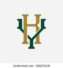 Initial letter K, Y, KY or YK overlapping, interlock, monogram logo, green and gold color on white background