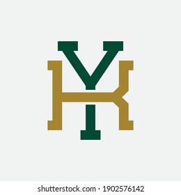 Initial letter K, Y, KY or YK overlapping, interlock, monogram logo, green and gold color on white background