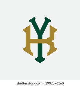Letra inicial K, Y, KY o YK superpuesta, enclavada, logotipo monograma, color verde y dorado sobre fondo blanco