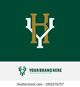 Initial letter K, Y, KY or YK overlapping, interlock, monogram logo, white and gold color on green background