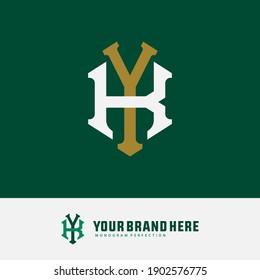 Initial letter K, Y, KY or YK overlapping, interlock, monogram logo, white and gold color on green background