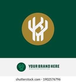 Initial letter K, Y, KY or YK overlapping, interlock, monogram logo, white and gold color on green background