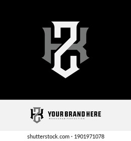 Initial letter K, Z, KZ or ZK overlapping, interlock, monogram logo, white and gray color on black background