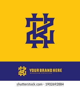 Letra inicial K, Z, KZ o ZK superpuestas, enclavadas, logotipo monograma, color azul sobre fondo amarillo