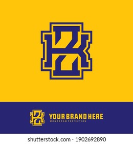 Letra inicial K, Z, KZ o ZK superpuestas, enclavadas, logotipo monograma, color azul sobre fondo amarillo