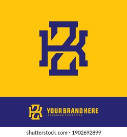 Anfangsbuchstaben K, Z, KZ oder ZK überlappend, Verriegelung, Monogramm-Logo, blaue Farbe auf gelbem Hintergrund