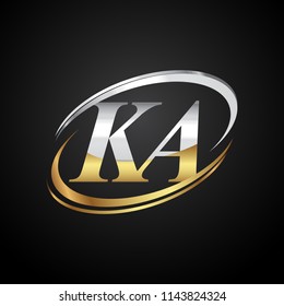 initial letter KA logotype company name colored gold and silver swoosh design. isolated on black background.