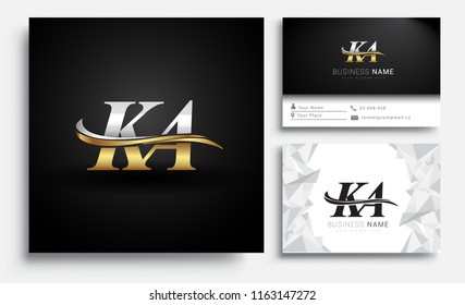 initial letter KA logotype company name colored gold and silver swoosh design. Vector sets for business identity on white background.