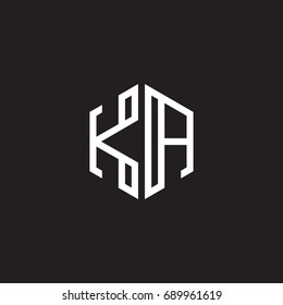 Initial letter KA, minimalist line art monogram hexagon shape logo, white color on black background