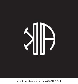 Initial letter KA, minimalist line art monogram circle shape logo, white color on black background