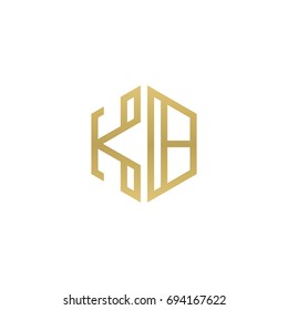 Initial letter KB, minimalist line art hexagon shape logo, gold color