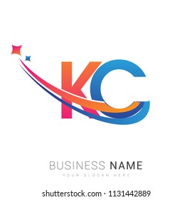 initial letter KC logotype company name colored orange, red and blue swoosh star design. vector logo for business and company identity.