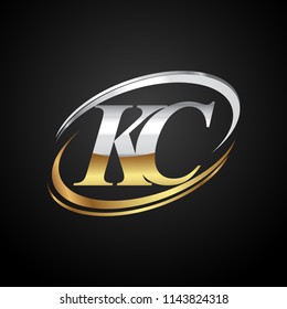 initial letter KC logotype company name colored gold and silver swoosh design. isolated on black background.
