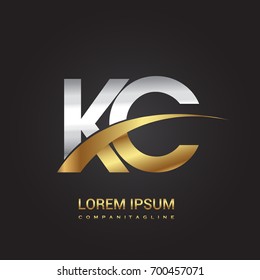 initial letter KC logotype company name colored gold and silver swoosh design. isolated on black background.