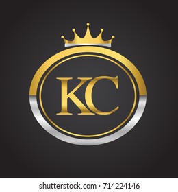 initial letter KC logotype company name with oval shape and crown, gold and silver color. vector logo for business and company identity.