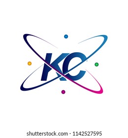 initial letter KC logotype science icon colored blue, red, green and yellow swoosh design. vector logo for business and company identity.
