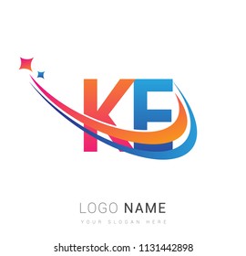 initial letter KE logotype company name colored orange, red and blue swoosh star design. vector logo for business and company identity.