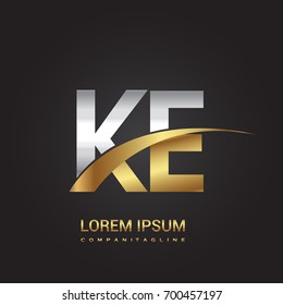initial letter KE logotype company name colored gold and silver swoosh design. isolated on black background.