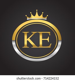 initial letter KE logotype company name with oval shape and crown, gold and silver color. vector logo for business and company identity.