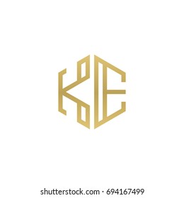 Initial letter KE, minimalist line art hexagon shape logo, gold color