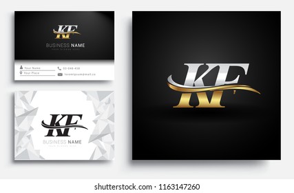 initial letter KF logotype company name colored gold and silver swoosh design. Vector sets for business identity on white background.