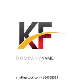 initial letter KF logotype company name colored red, black and yellow swoosh design. isolated on white background.

