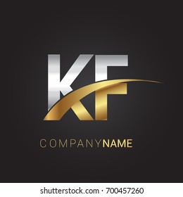 initial letter KF logotype company name colored gold and silver swoosh design. isolated on black background.