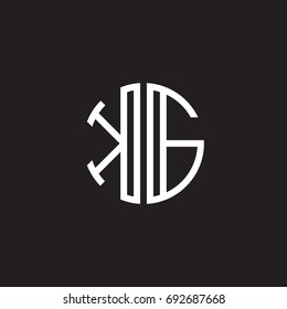 Initial letter KG, minimalist line art monogram circle shape logo, white color on black background