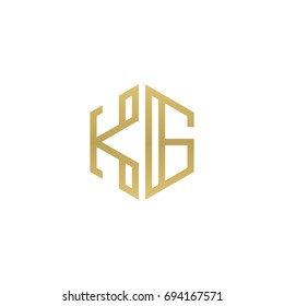 Initial letter KG, minimalist line art hexagon shape logo, gold color