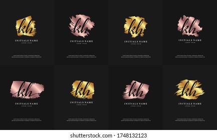 initial letter KH K H handwriting logo set design template with abstract brush on golden and gold rose color