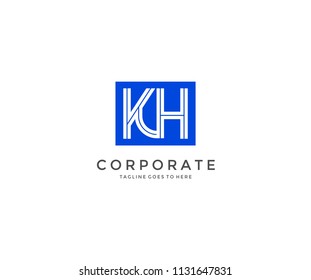 initial letter KH linked outline blue square logo