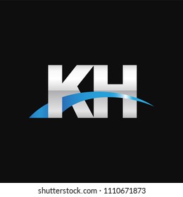 Initial letter KH, overlapping movement swoosh logo, metal silver blue color on black background