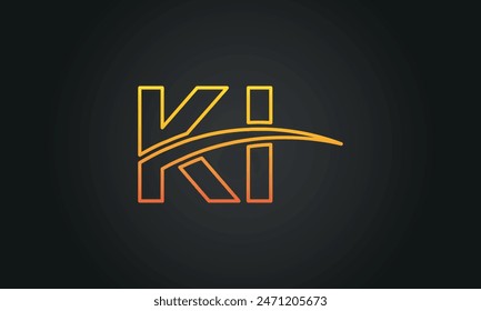 Letra inicial KI Logo Design con Swoosh. Diseño creativo y moderno del logotipo de KI sobre fondo negro.