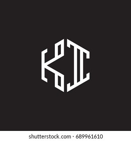 Initial letter KI, minimalist line art monogram hexagon shape logo, white color on black background