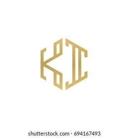 Initial letter KI, minimalist line art hexagon shape logo, gold color