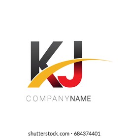 initial letter KJ logotype company name colored red, black and yellow swoosh design. isolated on white background.

