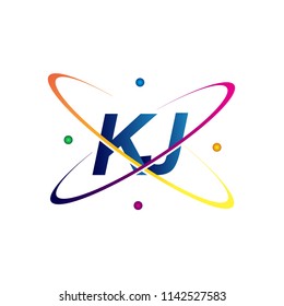 initial letter KJ logotype science icon colored blue, red, green and yellow swoosh design. vector logo for business and company identity.
