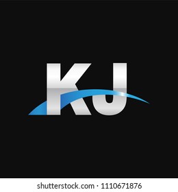 Initial letter KJ, overlapping movement swoosh logo, metal silver blue color on black background