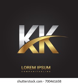 initial letter KK logotype company name colored gold and silver swoosh design. isolated on black background.
