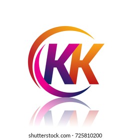 initial letter KK logotype company name orange and magenta color on circle and swoosh design. vector logo for business and company identity